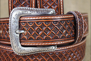 Western Nocona Leather Mens Belt Tooled Square Weave Copper 32-46 Ines